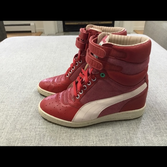 puma red wedge sneakers